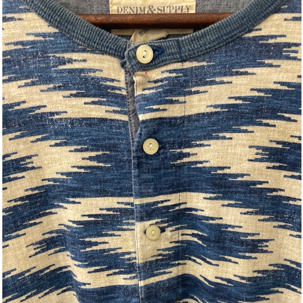 Denim & Supply Ralph Lauren Shirt Mens XL Blue Cream Ikat Henley Cotton Knit - Picture 2 of 7
